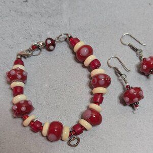 Red/White Czech Glass and Bone Bracelet & Earrings Set, Colorful BraceleT